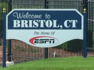 Sign that reads Welcome to Bristol, CT The Home of ESPN